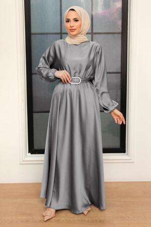 Neva Style - Robe Hijab Satin Gris 5727GR - 1
