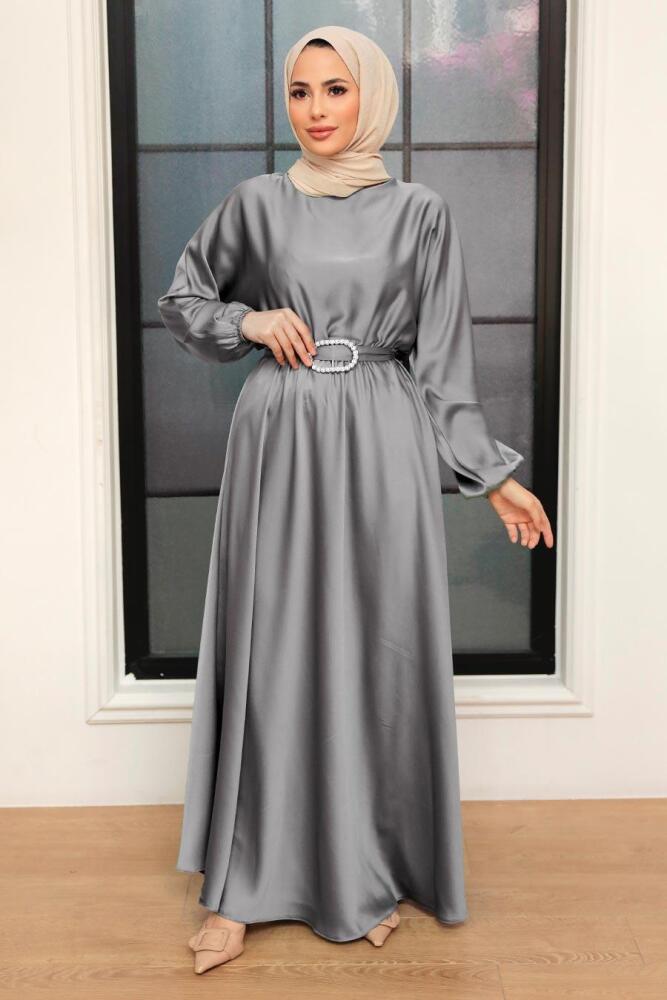 Neva Style - Robe Hijab Satin Gris 5727GR - 1