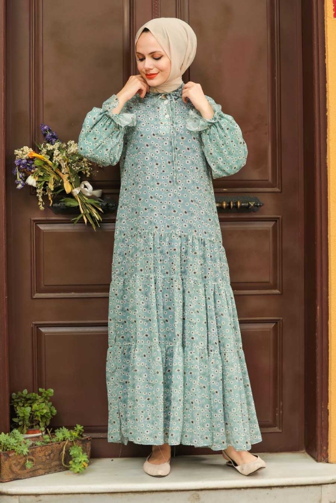 Neva Style - Robe Hijab Turquoise à Motif Floral 1482TR - 1