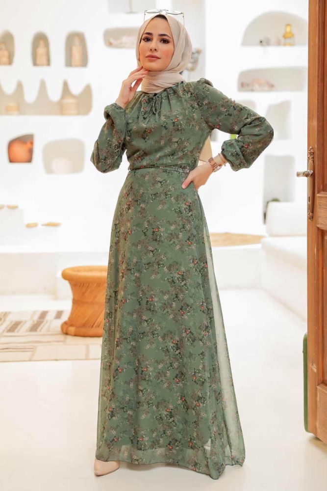 Neva Style - Robe Hijab Vert Amande 27923CY - 1