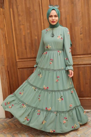 Neva Style - Robe Hijab Vert Amande 3403CY - 1