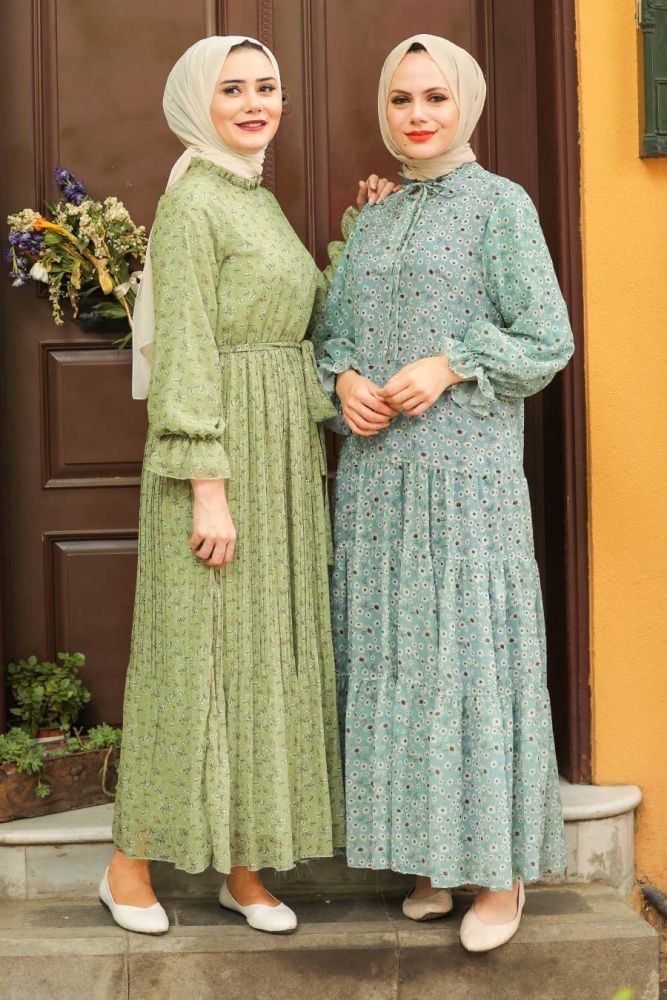 Neva Style - Robe Hijab Vert Pistache 1477FY - 2