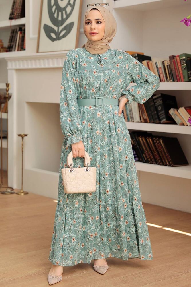 Robe longue et couvrante à motifs floraux – Vert amande 2270CY - 3