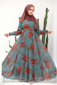 Neva Style - Robe Hijab Verte 3134CY - Thumbnail