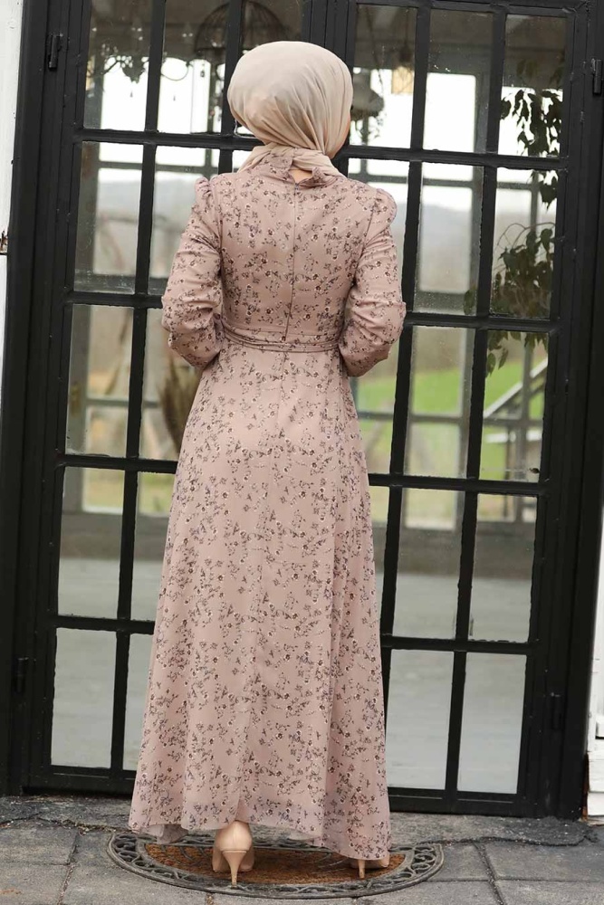 Robe longue et couvrante à motifs floraux – Taupe 27902V - 3