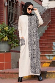 Neva Style -Robe Tricot Hijab Beige 3052BEJ - Thumbnail