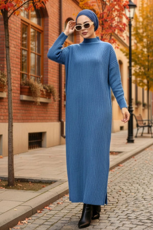 Neva Style - Robe Tricot Hijab Bleu Indigo 34150IM - 1