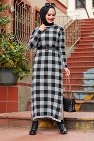 Neva Style - Robe Tricot Hijab Grise 3048GR - Thumbnail