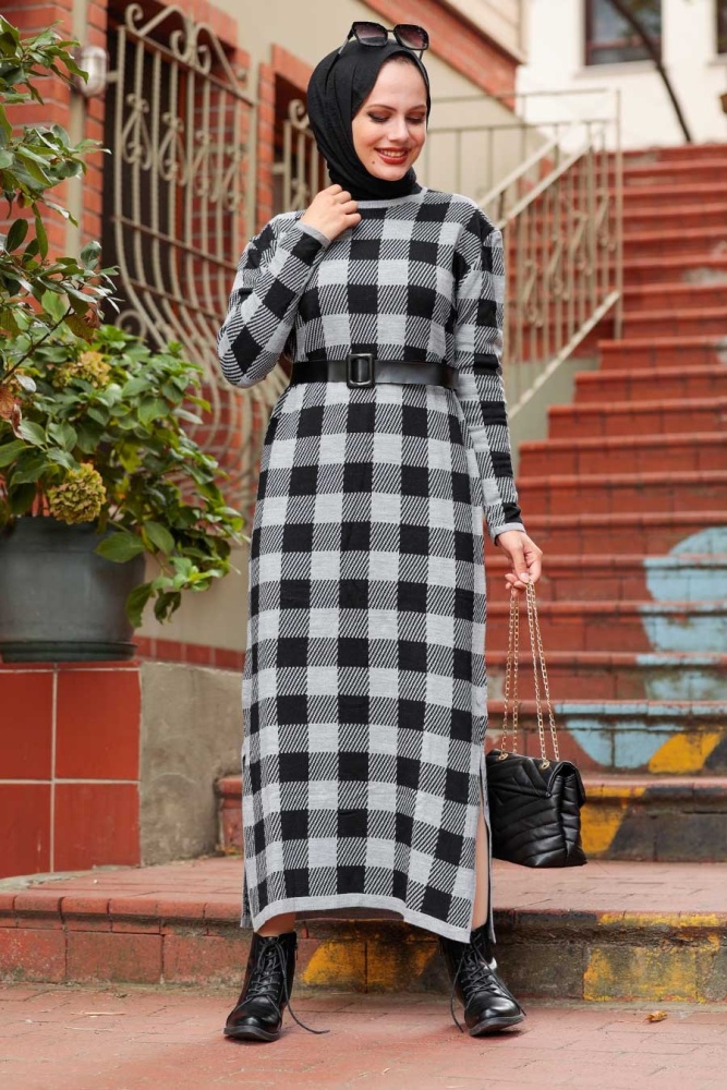 Neva Style - Robe Tricot Hijab Grise 3048GR - 1