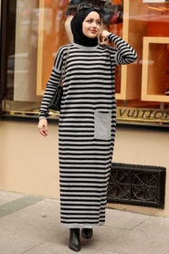 Neva Style - Robe Tricot Hijab Grise 33371GR - Thumbnail