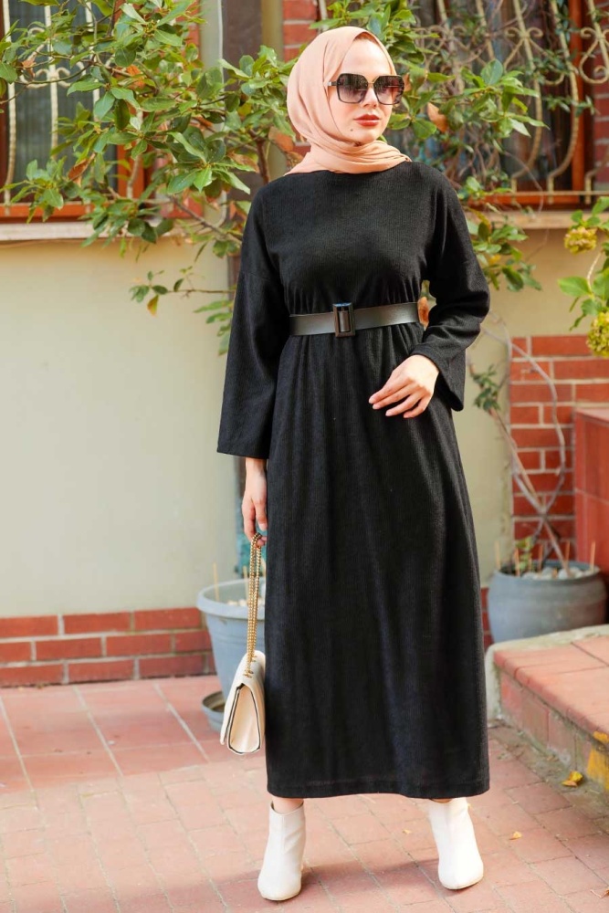 Neva Style - Robe Tricot Hijab Noire 5190S - 2