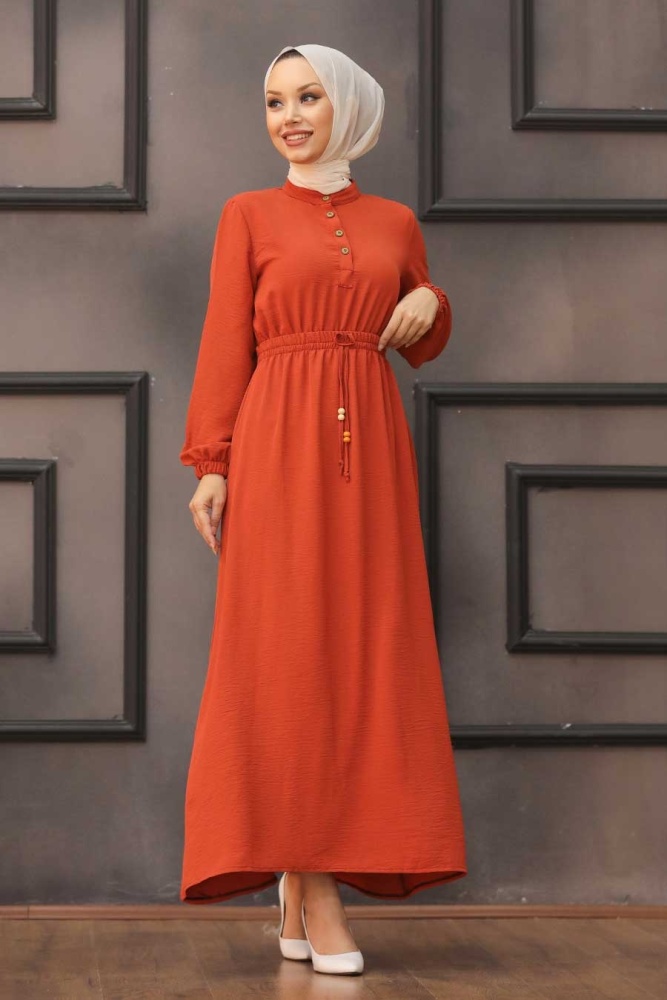 Robe longue et couvrante partiellement boutonnée – Terracotta 3730KRMT - 1