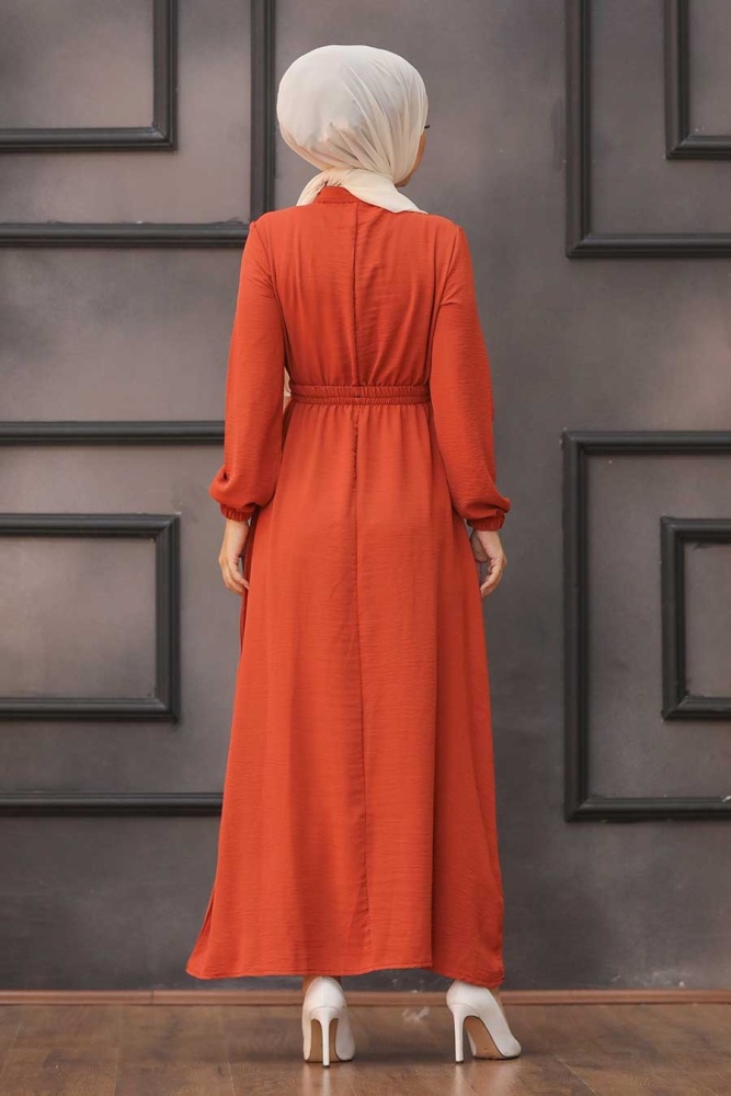 Robe longue et couvrante partiellement boutonnée – Terracotta 3730KRMT - 2
