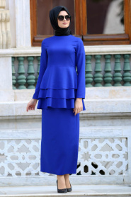 Neva Style - Saks Mavisi Peplum Bluz / Etek Tesettür Takım 42050SX - Thumbnail