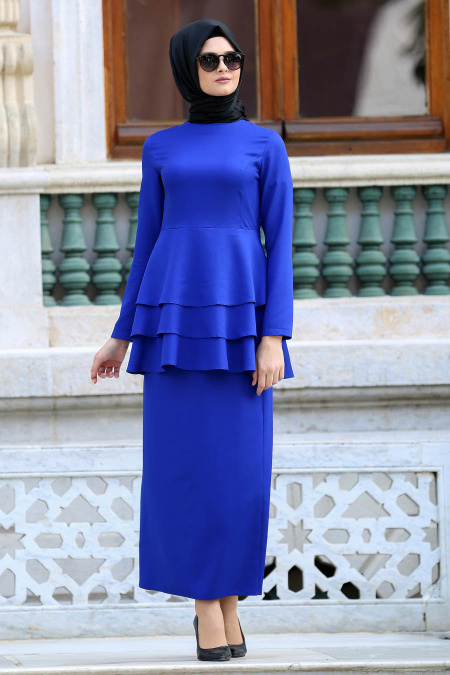 Neva Style - Saks Mavisi Peplum Bluz / Etek Tesettür Takım 42050SX