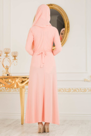 Boncuk Detaylı Somon Tesettür Elbise 10120SMN - Thumbnail