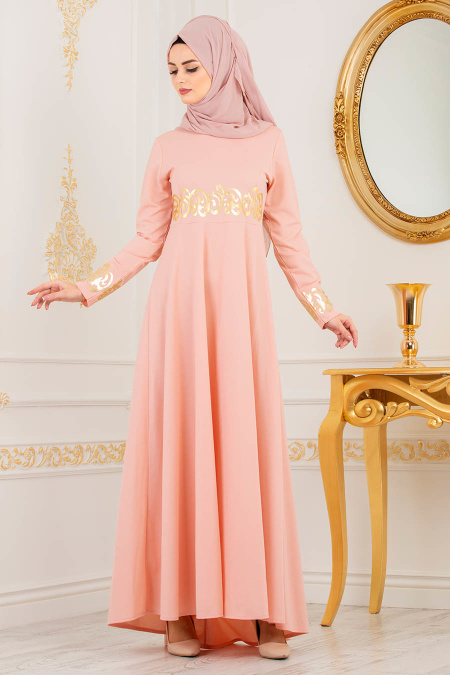 Gold Desenli Somon Tesettür Elbise 79550SMN