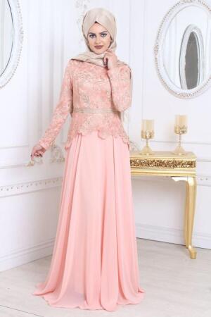 Beli Taşlı Somon Tesettür Abiye Elbise 79420SMN - 1
