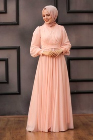 Neva Style - Salmon Pink Turkish Hijab Evening Dress 30632SMN - Thumbnail