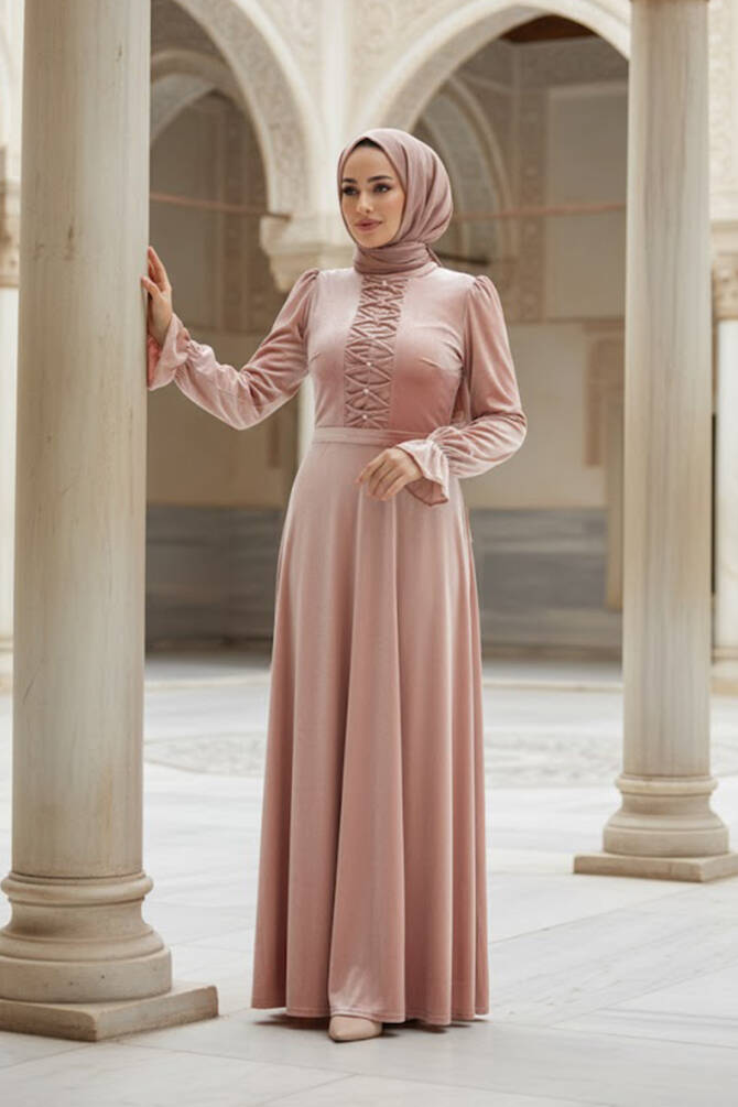 Salmon Pink Velvet Hijab Maxi Dress 37091SMN - 1
