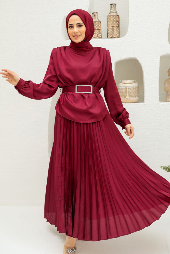 Neva Style - Saten Bordo Tesettür Etekli İkili Takım 3456BR - 1