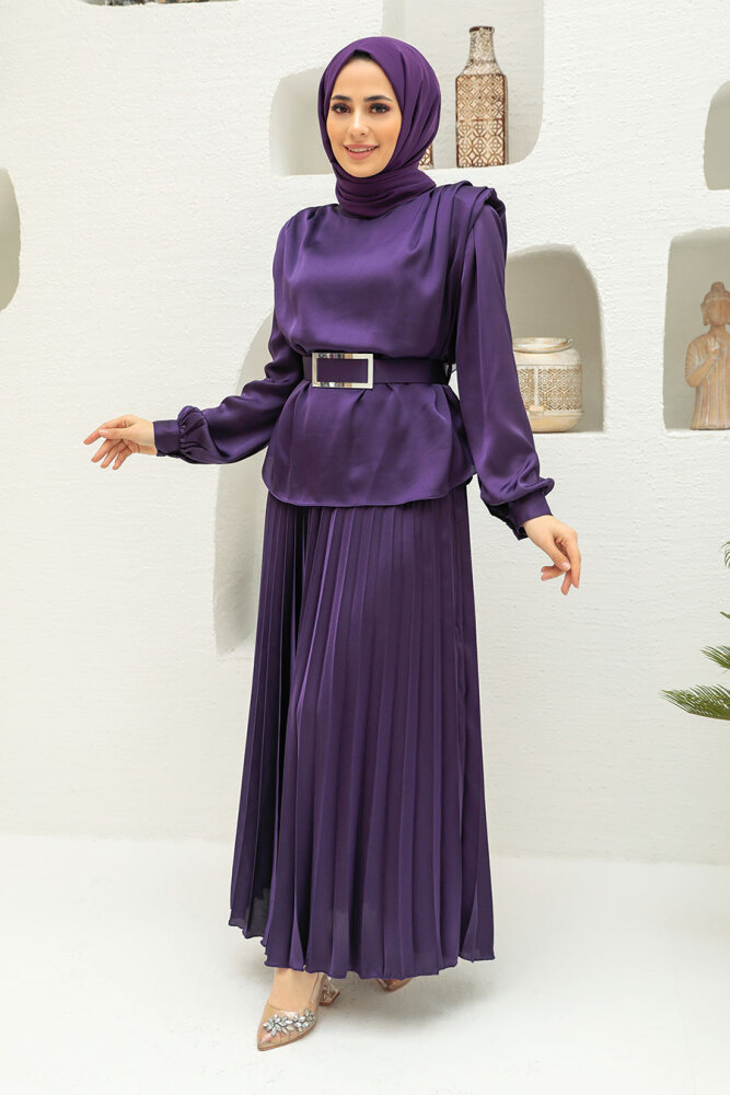 Neva Style - Saten Mor Tesettür Etekli İkili Takım 3456MOR - 2