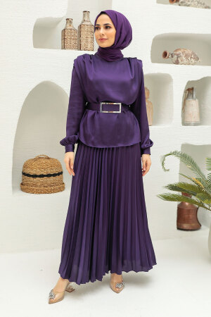 Neva Style - Saten Mor Tesettür Etekli İkili Takım 3456MOR - 1