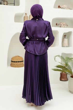 Neva Style - Saten Mor Tesettür Etekli İkili Takım 3456MOR - 3