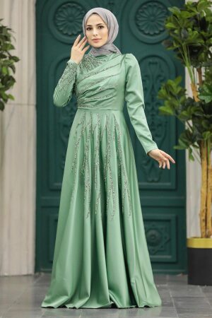 Satin Almond Green Islamic Long Sleeve Dress 3984CY - 2