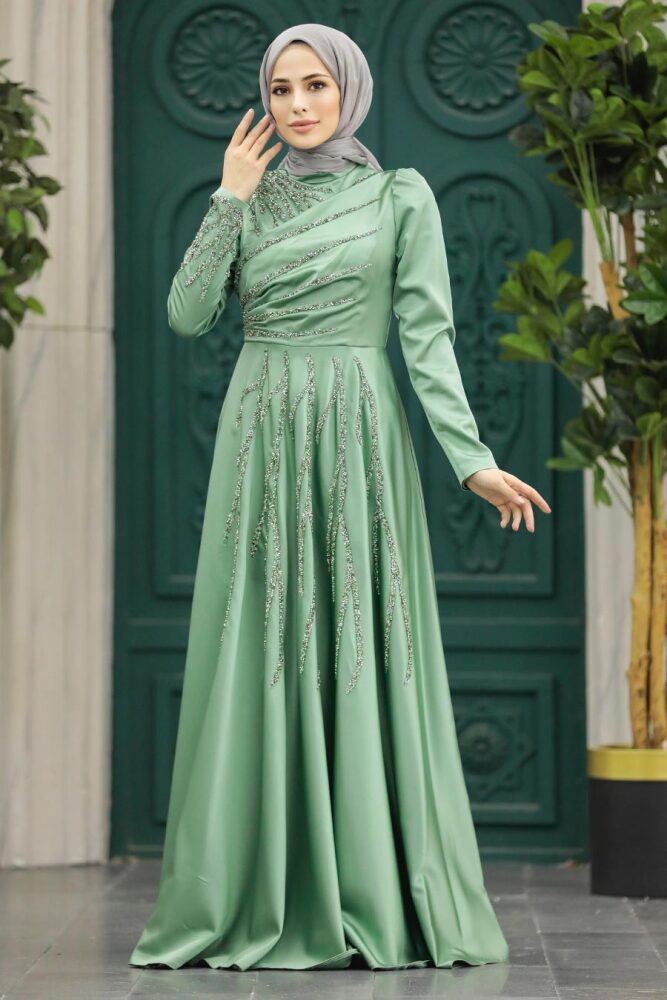 Satin Almond Green Islamic Long Sleeve Dress 3984CY - 2