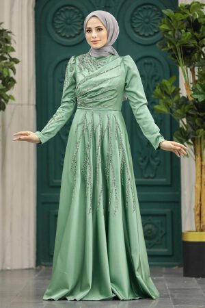Satin Almond Green Islamic Long Sleeve Dress 3984CY - 3