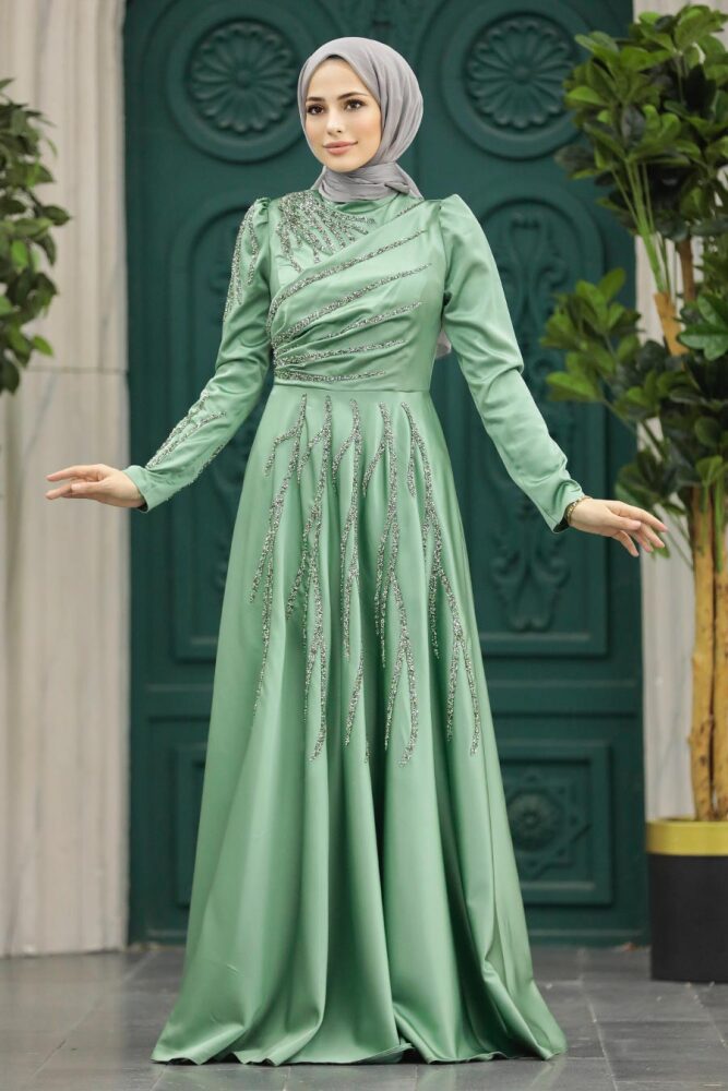 Satin Almond Green Islamic Long Sleeve Dress 3984CY - 3