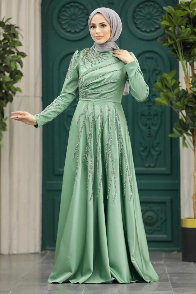 Satin Almond Green Islamic Long Sleeve Dress 3984CY - 1