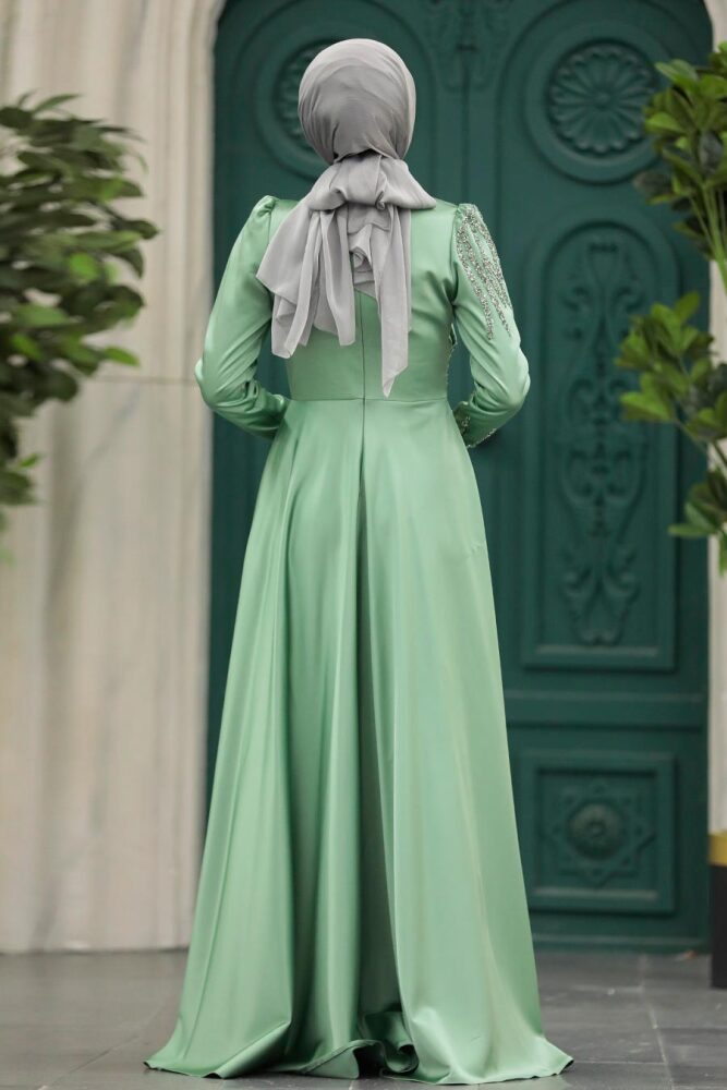 Satin Almond Green Islamic Long Sleeve Dress 3984CY - 4