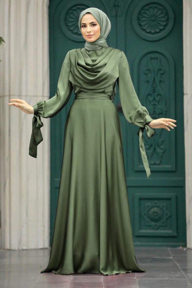 Satin Almond Green Islamic Long Sleeve Maxi Dress 38031CY - 1