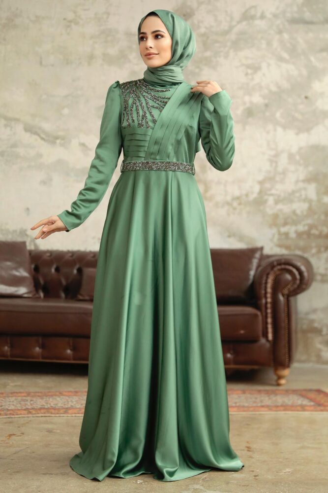 Satin Almond Green Islamic Wedding Dress 3967CY - 1