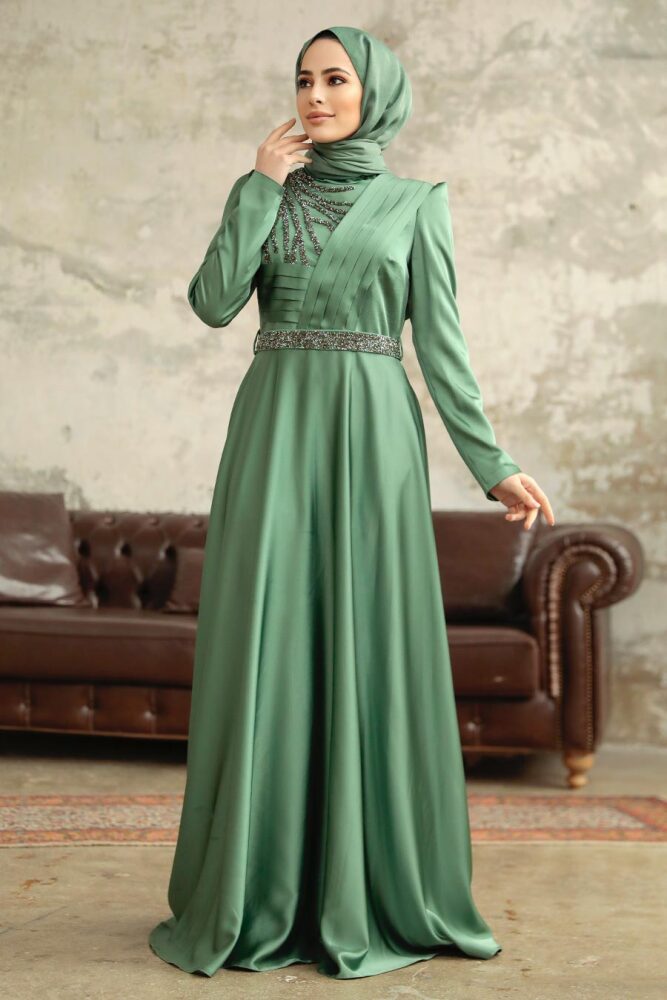 Satin Almond Green Islamic Wedding Dress 3967CY - 2