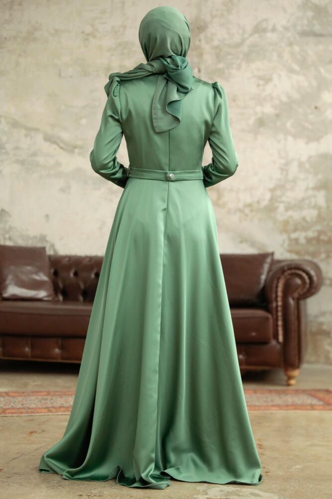 Satin Almond Green Islamic Wedding Dress 3967CY - 3