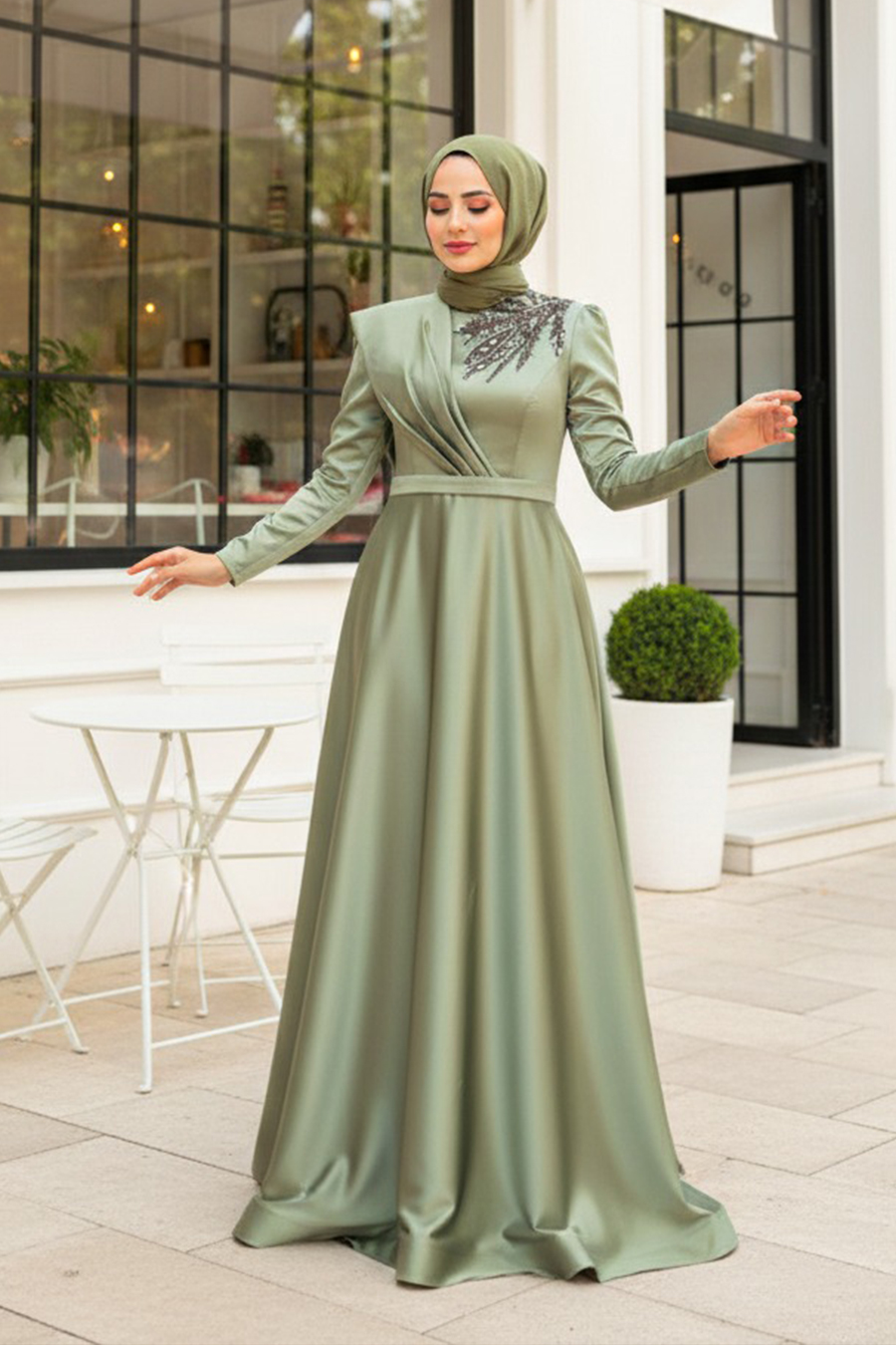 Neva Style - Satin Almond Green Modest Islamic Clothing Evening Dress  22441CY- tesetturisland.com