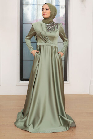 Neva Style - Satin Almond Green Modest Islamic Clothing Evening Dress 22441CY - Thumbnail