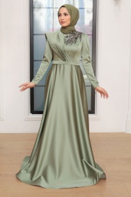 Neva Style - Satin Almond Green Modest Islamic Clothing Evening Dress 22441CY - Thumbnail