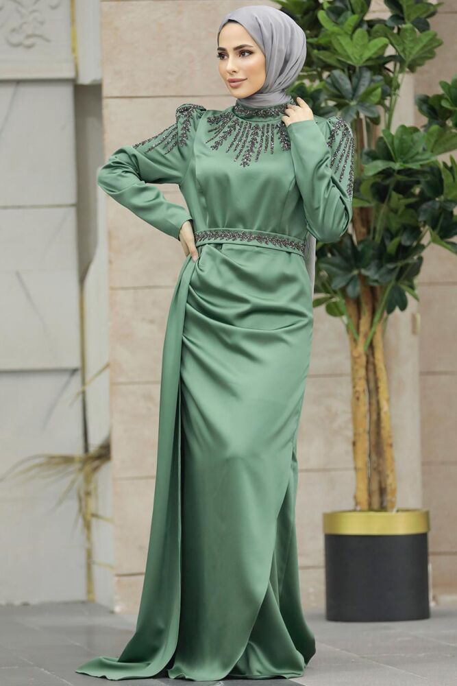 Satin Almond Green Modest Islamic Clothing Evening Dress 41312CY - 1