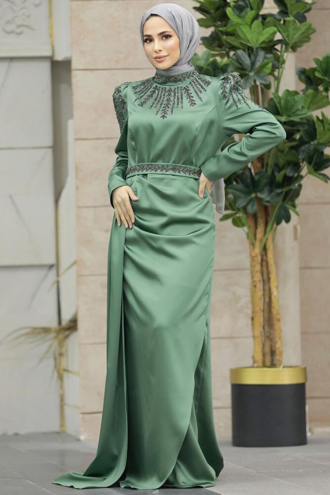 Satin Almond Green Modest Islamic Clothing Evening Dress 41312CY - 2