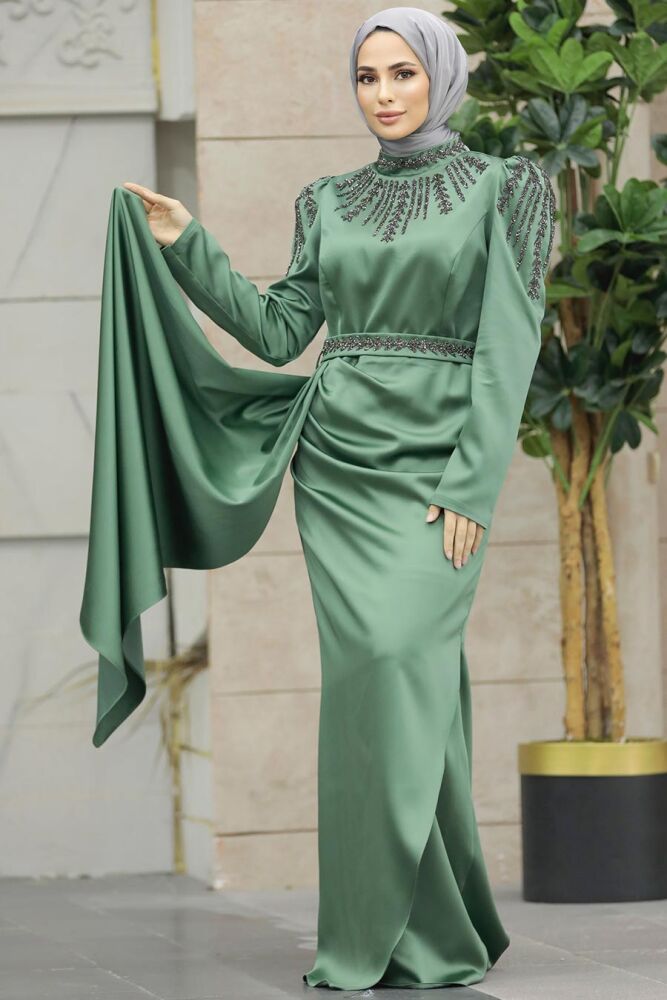 Satin Almond Green Modest Islamic Clothing Evening Dress 41312CY - 3