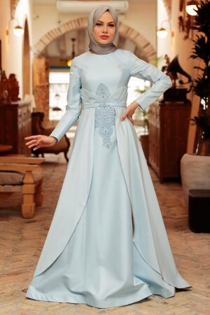 Neva Style - Satin Baby Blue Muslim Bridesmaid Dress 284BZM - Thumbnail