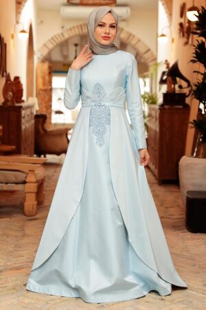 Neva Style - Satin Baby Blue Muslim Bridesmaid Dress 284BZM - Thumbnail