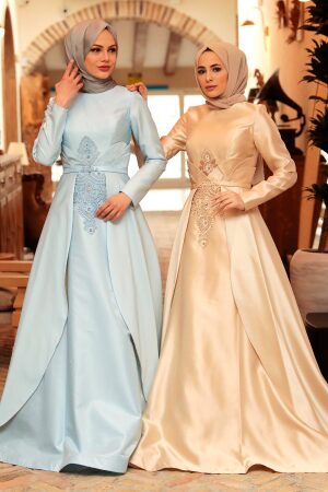 Neva Style - Satin Baby Blue Muslim Bridesmaid Dress 284BZM - Thumbnail