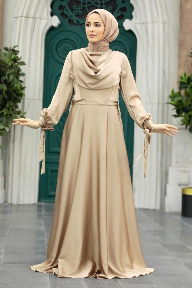 Neva Style - Satin Beige Islamic Long Sleeve Maxi Dress 38031BEJ - 2