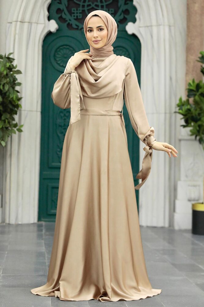 Neva Style - Satin Beige Islamic Long Sleeve Maxi Dress 38031BEJ - 3