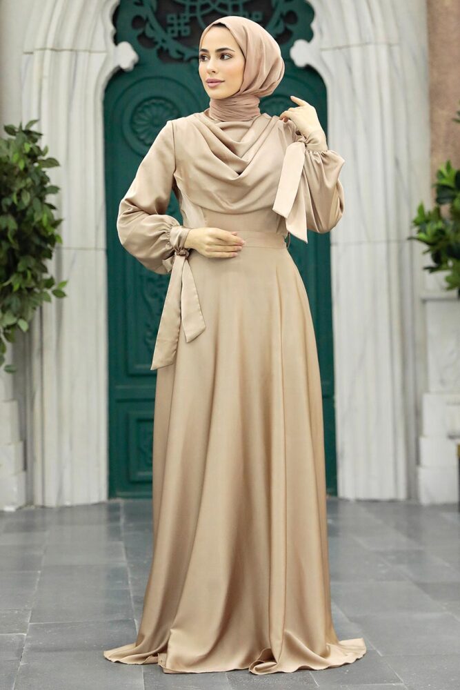 Neva Style - Satin Beige Islamic Long Sleeve Maxi Dress 38031BEJ - 1